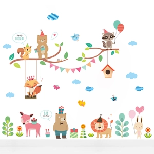 Cartoon animal wall decals with fox, lion and forest party elements for kids room
