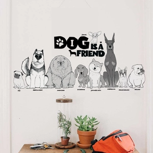 Cartoon dog breeds wall stickers with Dog Is A Friend slogan for living room decor