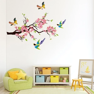 Pink cherry blossom wall decal with colorful birds for nursery and living room decor