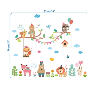 Detailed wall sticker set featuring cartoon animals with forest and party theme elements