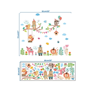 Macro layout of cartoon forest animal wall stickers showing dimensions and assembly