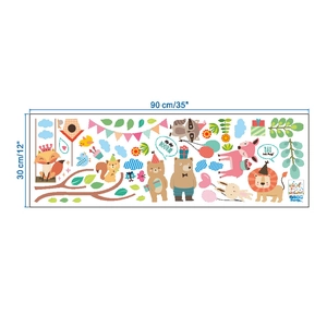 Detailed sheet showing cartoon fox and lion wall decals measuring 90x30 cm for nurseries