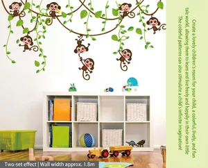 Cute monkey jungle vine wall decal for kids rooms, decorative animal mural stickers