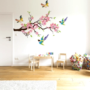 Pink plum blossom branch wall decal with colorful birds for bedroom and nursery decor
