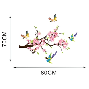 Detail of plum blossom branch wall sticker with colorful birds measuring 80x70cm