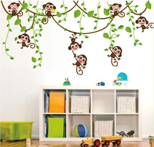 Cartoon monkey and jungle vine wall stickers for kids bedroom and nursery decor