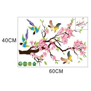 Detail of PVC plum blossom wall sticker layout with pink flowers and colorful birds