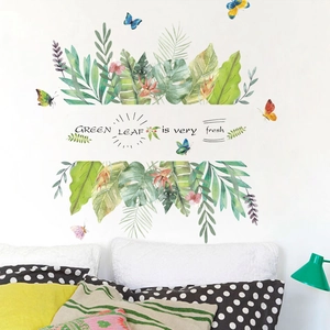 Tropical green palm leaves wall decal with colorful butterflies and artistic lettering