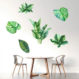 Tropical Green Leaf Wall Stickers Nordic Watercolor Plant Monstera Banana Leaves PVC Waterproof Decals For Home Living Room Bedroom