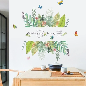 Fresh tropical green leaf wall stickers with butterfly and floral watercolor patterns