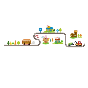 Vue détaillée de stickers muraux voitures cartoon et ville avec routes et boutiques