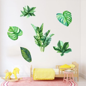 Watercolor green tropical plant wall stickers featuring monstera leaves for home decor