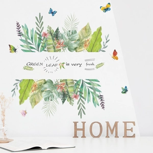 Watercolor tropical green leaf wall stickers with butterfly and fresh nature quote
