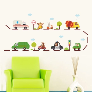 Cartoon animal vehicles wall stickers for kids room decor featuring pandas and cars