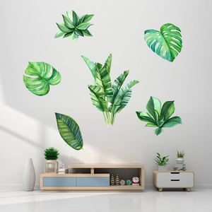 Tropical green leaves wall stickers featuring watercolor monstera and banana leaf designs