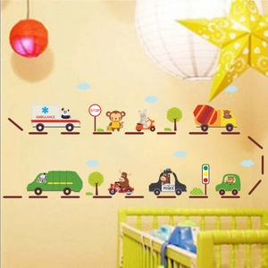 Cartoon vehicle wall stickers with animals driving cars for kids nursery decoration