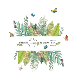 Tropical green leaf wall stickers with watercolor monstera leaves and floral butterflies