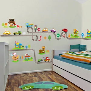 Autocollants Muraux Cartoon Trafic Ville Route Voiture Pour Chambre D Enfants Chambre Bébé Amovible PVC Décoratif Décalcomanie