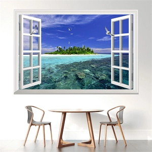 Detail of 3D window wall sticker showing a tropical island beach with coral reefs