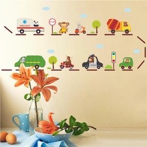 Cartoon animal vehicles wall stickers for kids nursery decor with ambulance and police cars