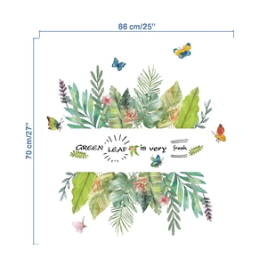 Detailed view of watercolor green leaf wall stickers with tropical plants and size markings