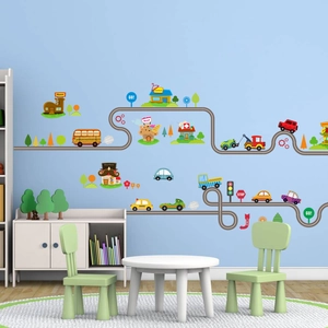 Stickers muraux dessins animés avec voitures et bâtiments pour chambre d'enfant