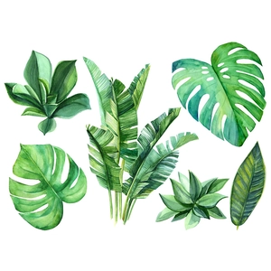 Tropical green leaves wall stickers in watercolor style for living room and bedroom decor