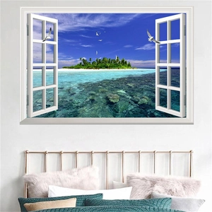 Detail of 3D window wall sticker showing tropical island scenery and ocean view