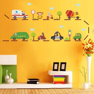 Close-up of cartoon animal vehicle wall decals featuring ambulance and police car