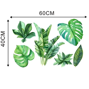 Detailed view of Nordic tropical green leaf wall stickers with precise size measurements