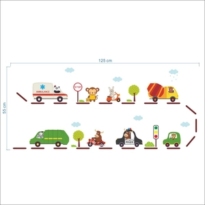 Cartoon animal cars and vehicles wall stickers for kids nursery room decor 125x55cm