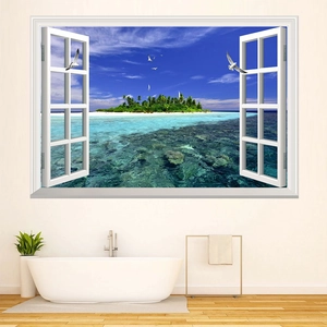 Detailed 3D tropical beach window wall decal displayed above a bathtub in a bathroom