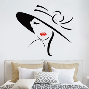 Modern vinyl wall decal featuring elegant woman silhouette with red lips and hat