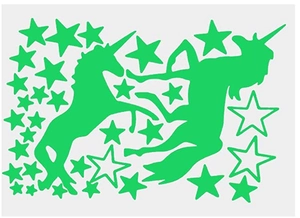 Detailed view of glow-in-the-dark wall stickers with luminous unicorns and stars set