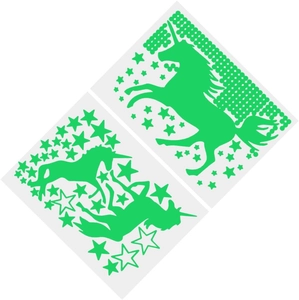 Detailed view of luminous unicorn and star stickers set on white background