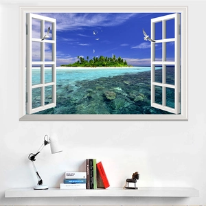 Detailed close-up of 3D window wall sticker featuring tropical beach and palm tree view