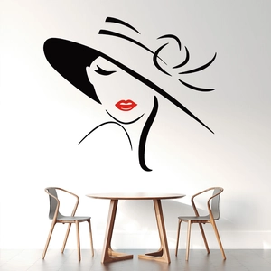 Minimalist vinyl wall decal featuring an elegant lady in a wide hat with red lips