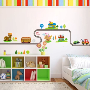 Stickers muraux détaillés avec voitures, routes et bâtiments pour chambre d'enfant