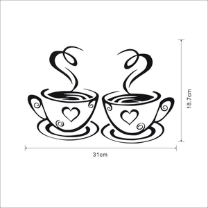 Detail of coffee cup wall sticker showing minimalist heart design and 31cm width dimensions