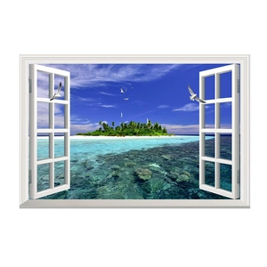 3D tropical island faux window wall sticker with palm trees and ocean landscape view