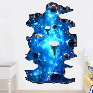 Detail showing 3D outer space wall decal with realistic planets and nebula on white wall