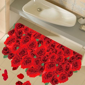 Nahaufnahme einer rutschfesten Bodenmatte mit 3D-Rote-Rosen-Druck für Bad und Schlafzimmer