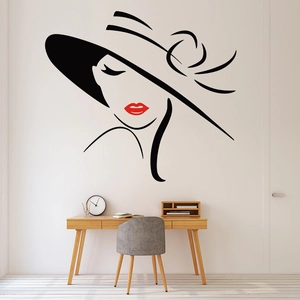 Minimalist vinyl wall decal featuring elegant woman profile with red lips for living room