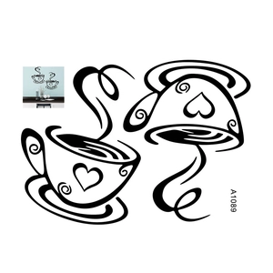 Minimalist black coffee cups wall decal with hearts and steam patterns for kitchen decor