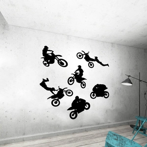 Set of six black motorcycle stunt silhouette wall decals for home and garage decor
