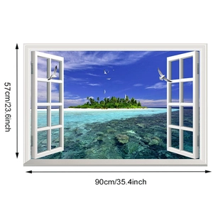 Detailed dimension layout for 3D tropical island window wall sticker, 90cm x 57cm size