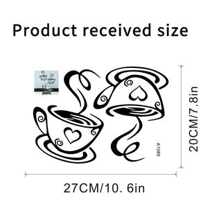 Removable wall decal featuring coffee cups with hearts, measuring 27cm by 20cm