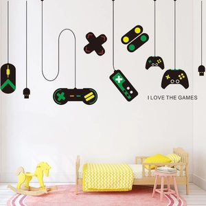 Gamer wall decals with gamepads and I LOVE THE GAMES text for kids bedroom decor
