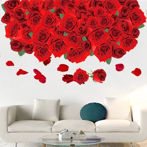 Moderne Wandsticker mit roten Rosen und Blütenblättern für die Wohnzimmerdekoration