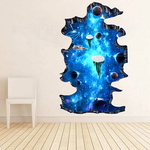 3D outer space wall sticker with planets and spaceship design for bedroom decor